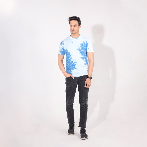 TIE & DIE SHORT SLEEVE CREW NECK T SHIRT-WHITE & BLUE