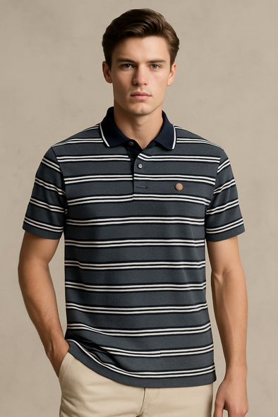 FAHRENHEIT MEN STRIPED POLO SHIRT-GREY-WHITE