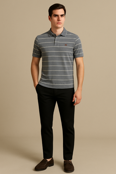 FAHRENHEIT MEN STRIPED POLO SHIRT-GREY-WHITE