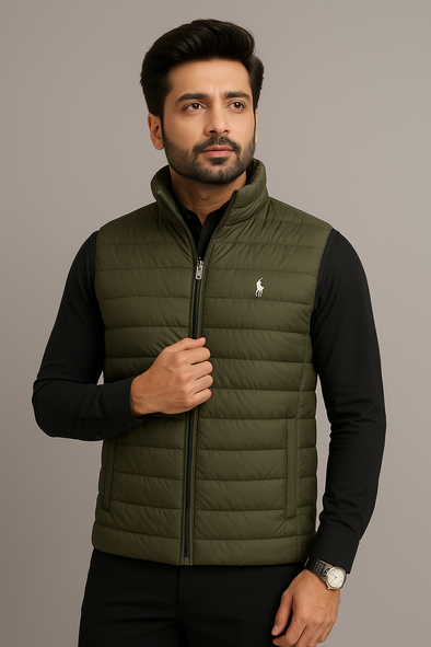 premium sleeveless olive green puffer jacket